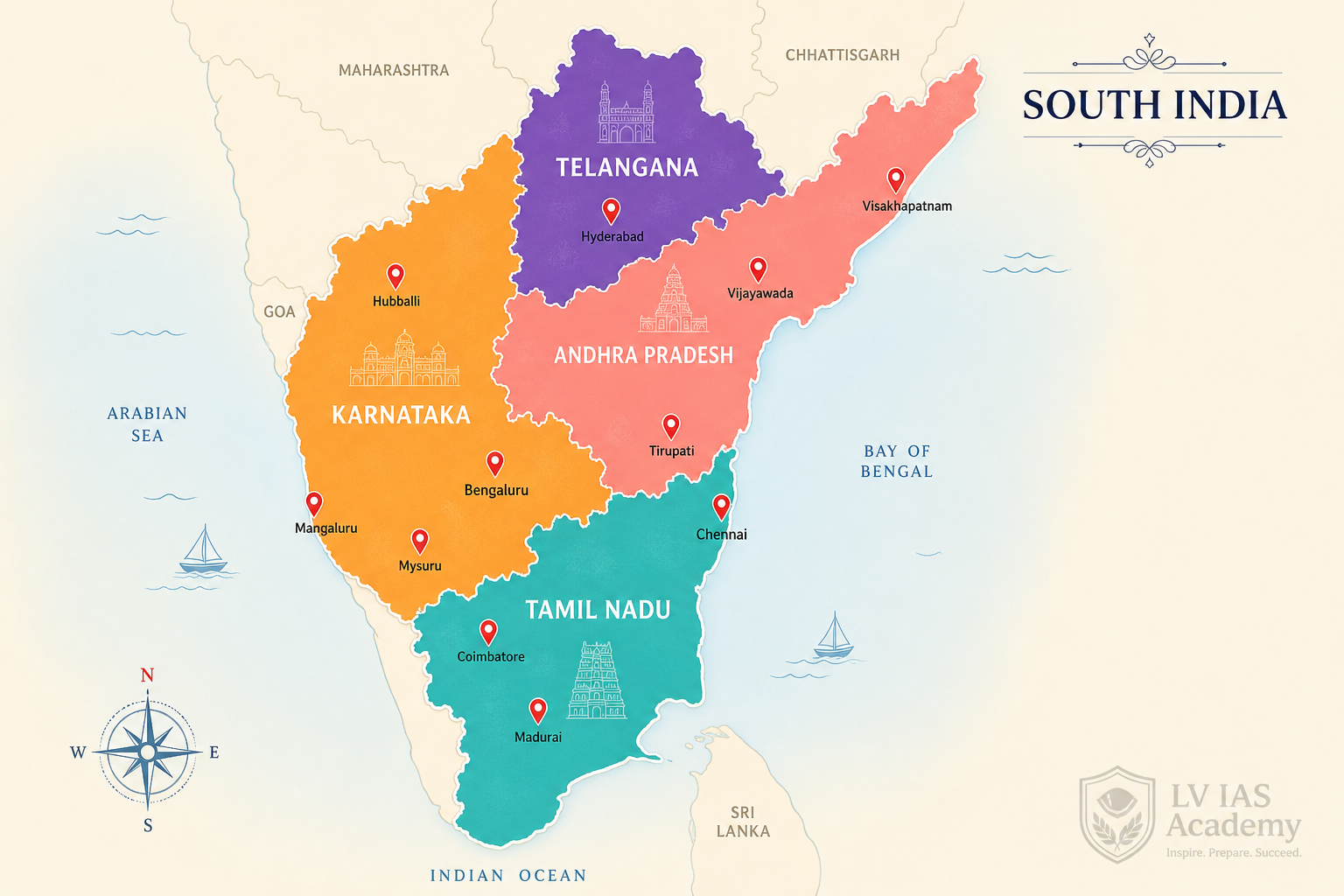 South India map showing academy branches in Telangana, Andhra Pradesh, Karnataka and Tamil Nadu
